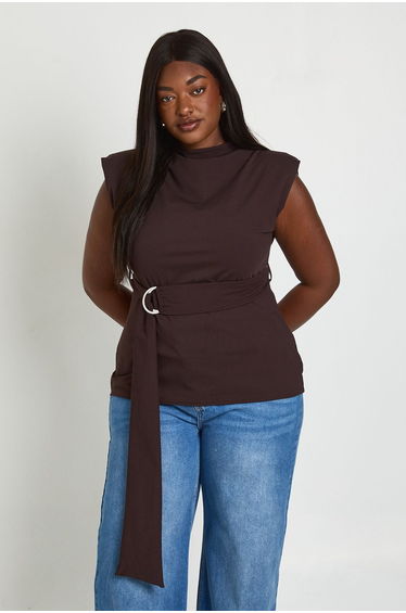Plus High Beck Wrap Trim Detail Sleeveless Top - chocolate product thumbnail 2