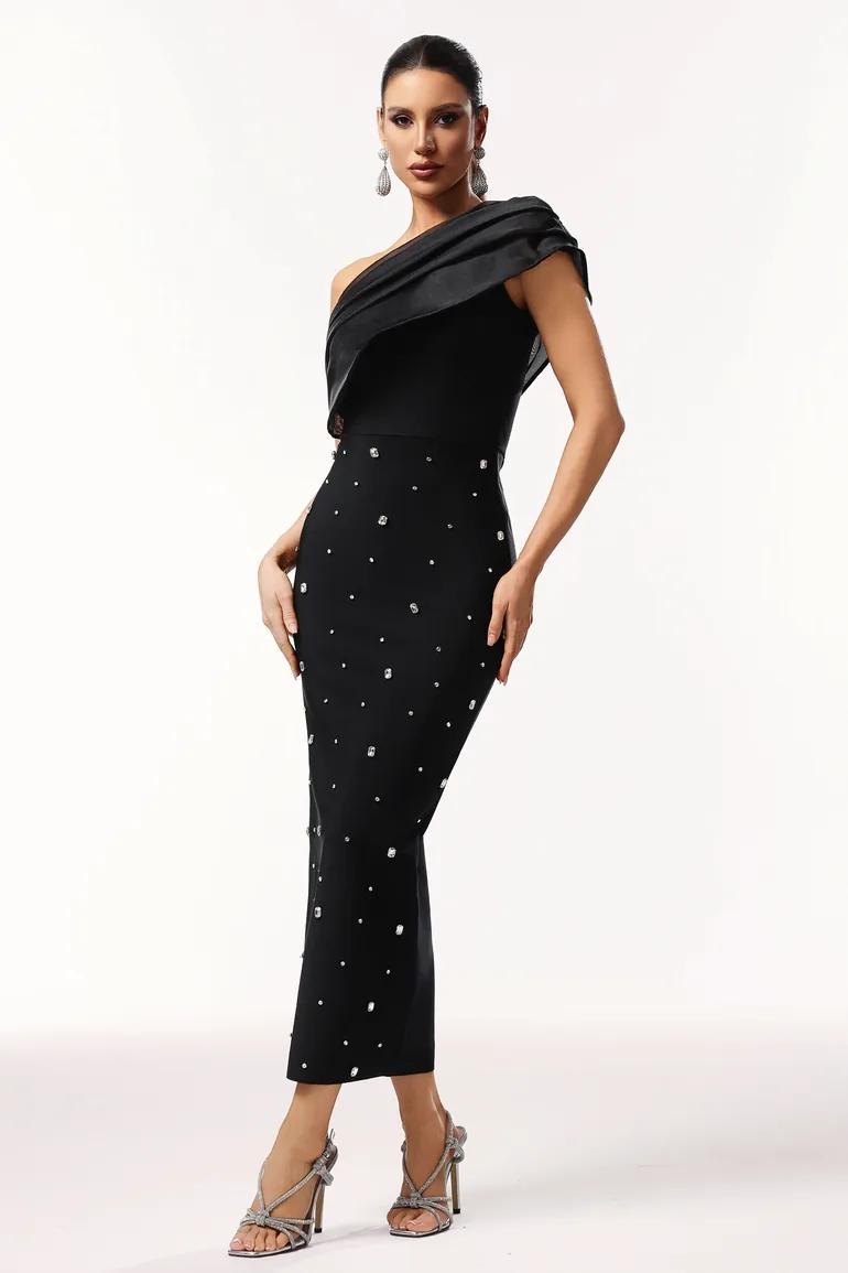 Ninon One Shoulder Sleeveless Diamond Bandage Maxi Dress - 3