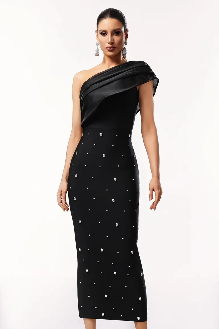 Ninon One Shoulder Sleeveless Diamond Bandage Maxi Dress - 1