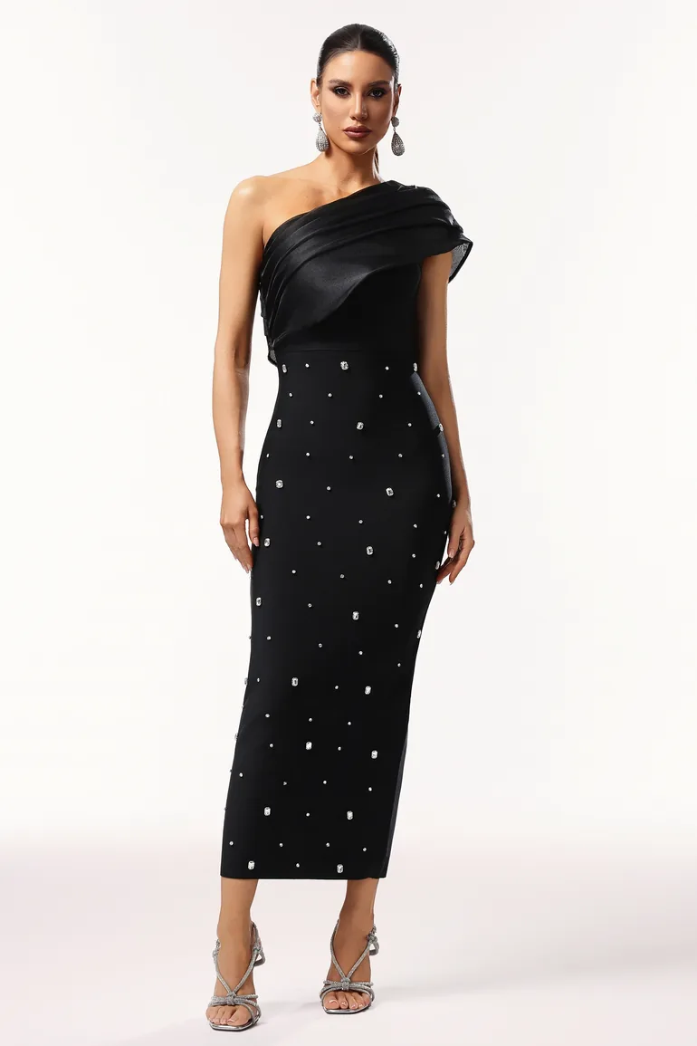 Ninon One Shoulder Sleeveless Diamond Bandage Maxi Dress