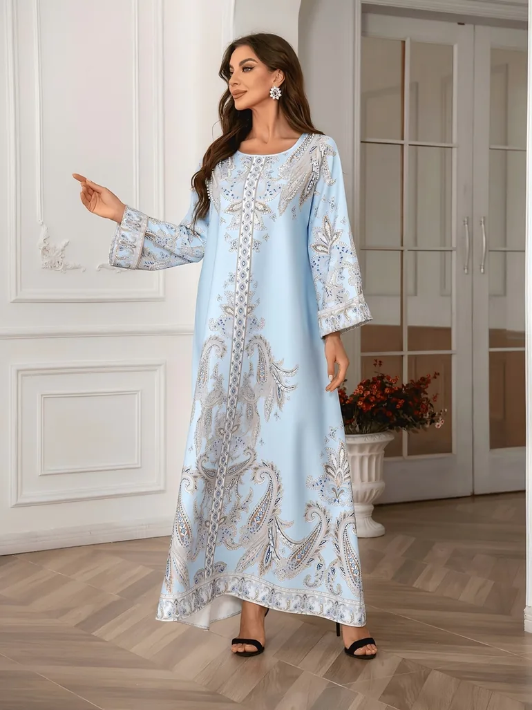 Graphic Print Embellished Faux Pearl Jalabiya - 2