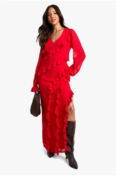 Ruffle Long Sleeve Chiffon Maxi Dress - red