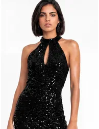 Maya Black Embellished Velvet Halter Neck Midi Dress - 2