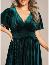 pretty AZALEA|Plus Size A-line V-Neck Short Sleeve Pleated Velvet Fall Wedding Guest Dress - 2