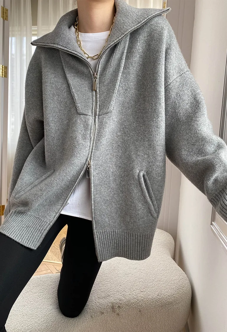 Double-Zip Flap Collar Rib Knit Cardigan in Grey - 2