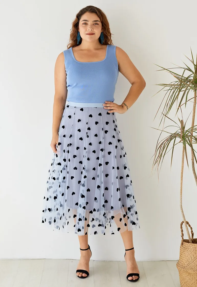 3D Heart Double-Layered Mesh Skirt in Blue - 11