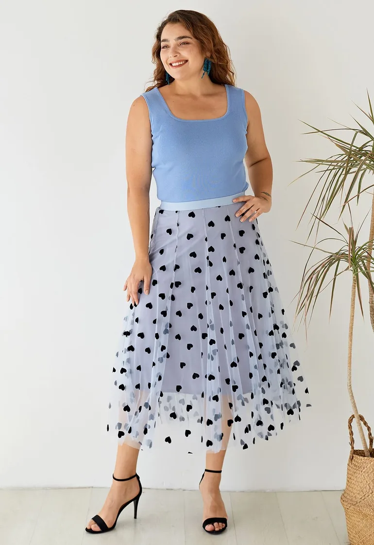 3D Heart Double-Layered Mesh Skirt in Blue - 13
