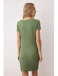 Khaki Plain Accessory Detailed Gather/Drape Detailed Short/Mini Knitted Dress - 2