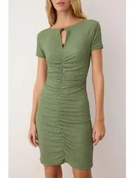 Khaki Plain Accessory Detailed Gather/Drape Detailed Short/Mini Knitted Dress - 3