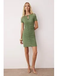 Khaki Plain Accessory Detailed Gather/Drape Detailed Short/Mini Knitted Dress