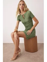 Khaki Plain Accessory Detailed Gather/Drape Detailed Short/Mini Knitted Dress - 1