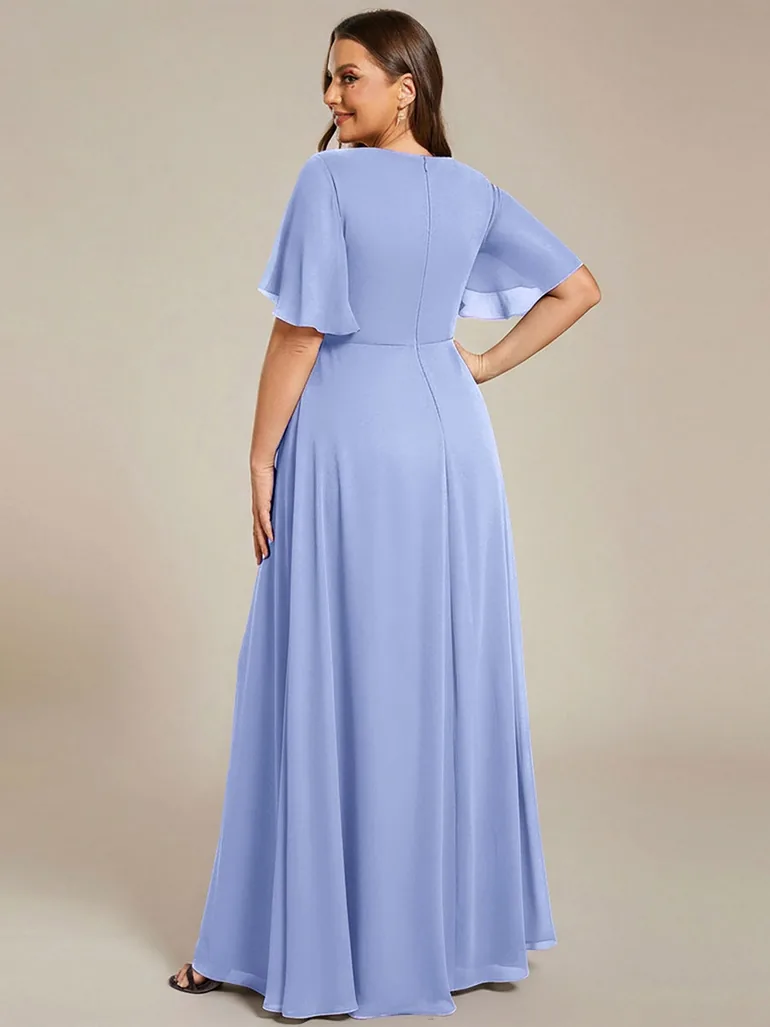 Short-Sleeve Ruffle Appliqué Deep V-Neck A-Line Floor-Length Evening Dress - 6
