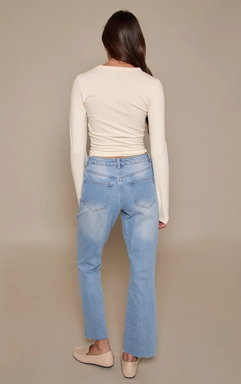 Mid Blue Cropped Raw Hem Straight Leg Jeans - 2