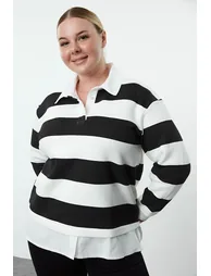 Black-White Striped Knitted Sweatshirt with Shirt Detachable from the Bottom - 5