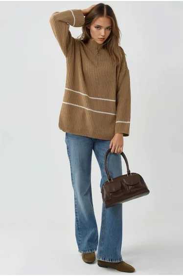 MY FASHION Loose Fit Striped Sweater with Zipper Collar