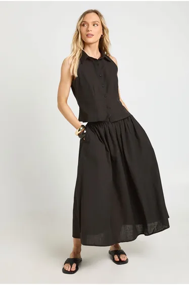 Petite Linen Look Waistcoat & Volume Maxi Skirt Co-ord - black