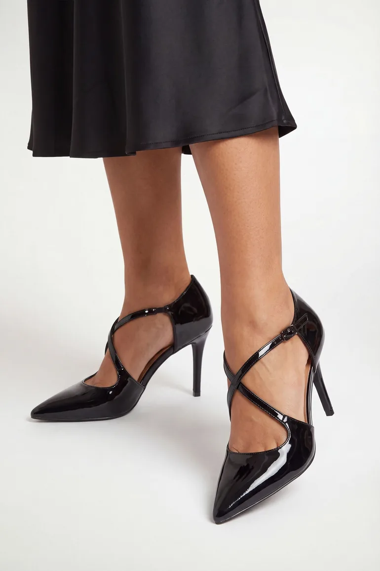 Cat Faux Patent Leather Asymmetrical Strap 2 Part High Heel Court Shoes