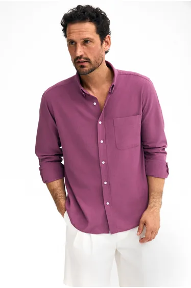GRIMELANGE ARLES Men's Linen Blend Long Sleeve Single Pocket Regular Fit Plum Shirt