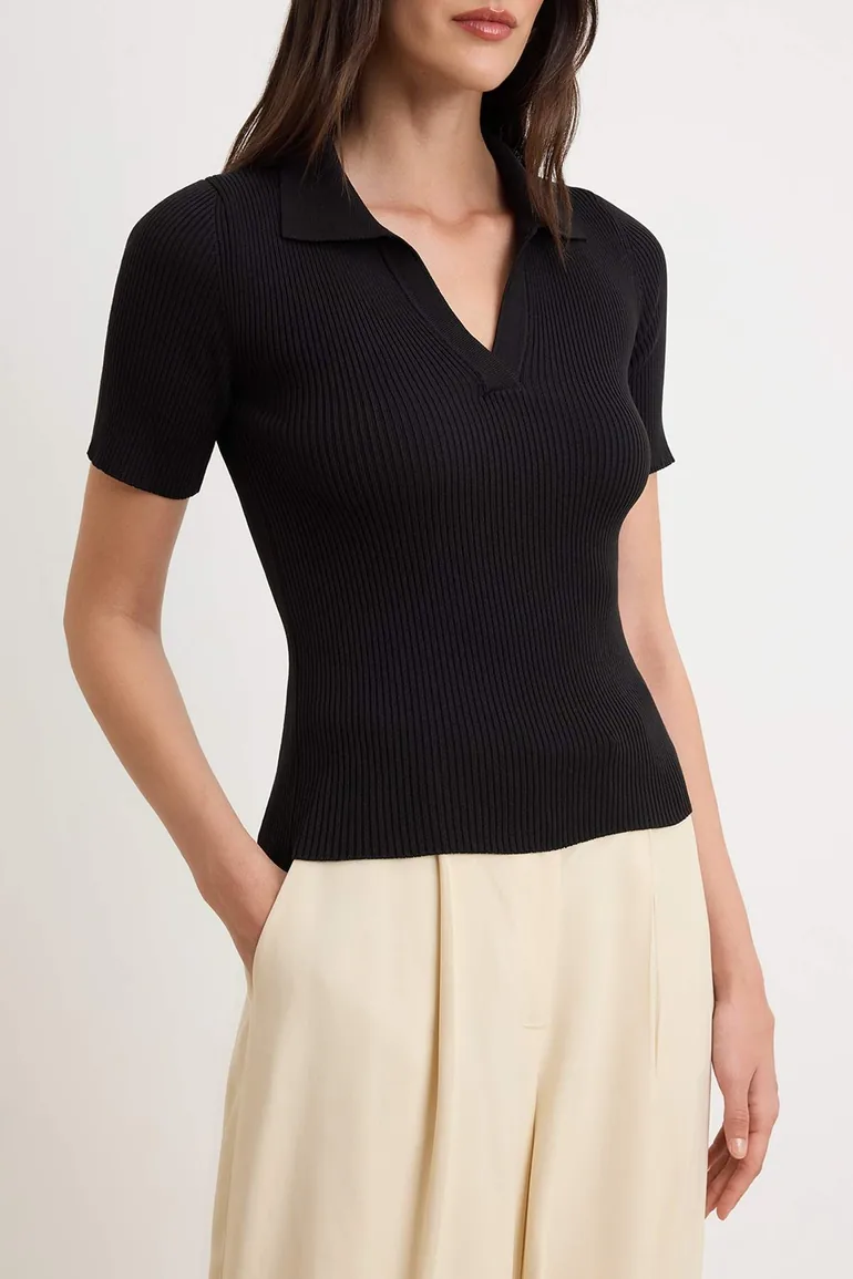 Black More Sustainable Basic Polo Collar Knitwear Slim Blouse - 3