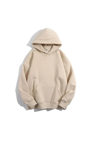 Women's 3 Yarn Beige Plain Oversize Hooded Sweatshirt Hodie