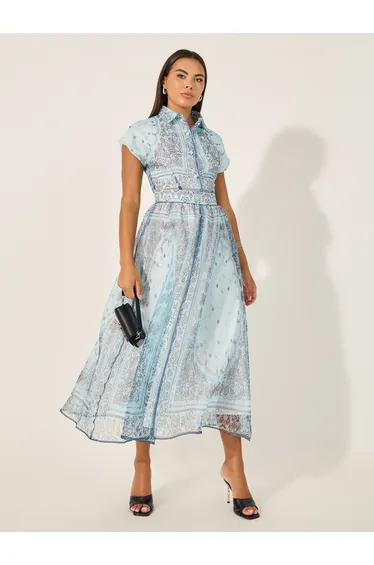 Blue Paisley Print with Collared Neck Dress