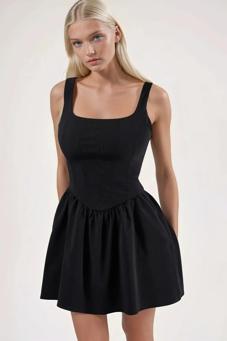 Square Collar A-Form Mini Dress - 1