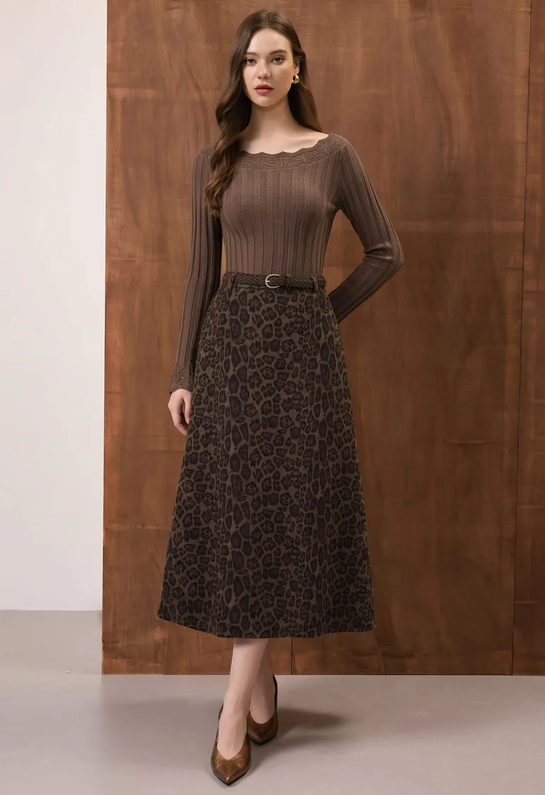 Leopard Print A-Line Faux Suede Maxi Skirt for Weekend Shopping & Afternoon Teas