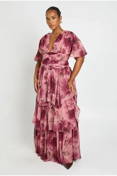 Plus Chiffon Layered Plunge Front Maxi Dress - rose