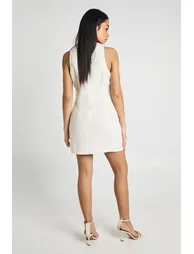 Button Front Boucle Tailored Mini Dress - white - 2