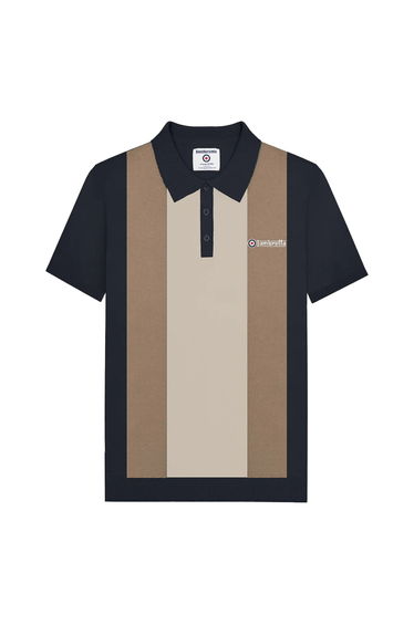 Lambretta Mens Vertical Stripe Knitted Polo Shirt - Navy/Cashew/Silver product thumbnail 2