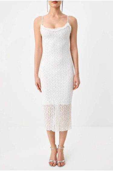 White Plain Weave Lace Midi Lined Dress product thumbnail 3