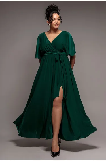 Wrap Front Maxi With Flutter Sleeves - Botanical Green by Goddiva Plus