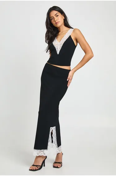 Contrast Lace Trim V Neck Vest - black