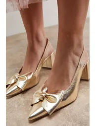 Seala Metallic Faux Leather Bow Slingback Medium Block Heel Court Shoes - 3