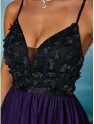 Elegant Spaghetti Straps 3D Floral Color Block Mesh Dress - 2