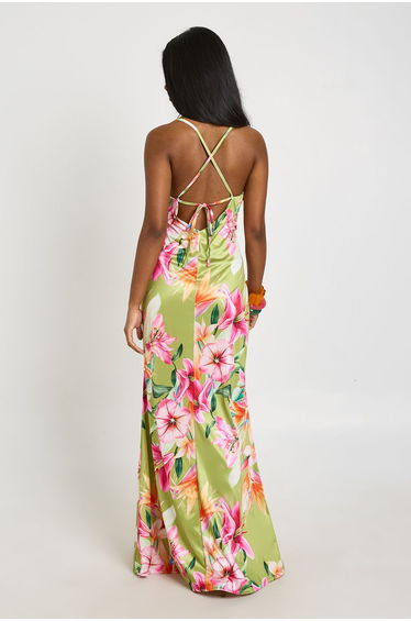 Floral Print Cowl Neck Satin Maxi Dress - olive product thumbnail 2