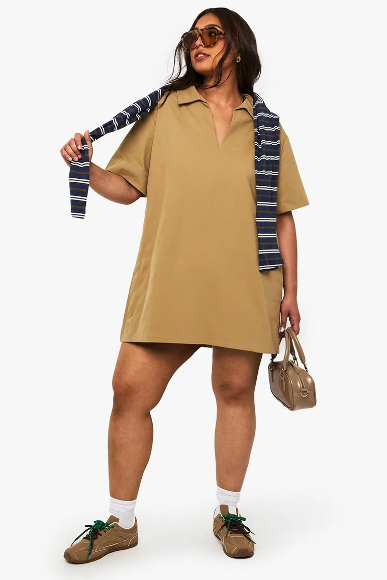 Plus collared twill shift dress - khaki