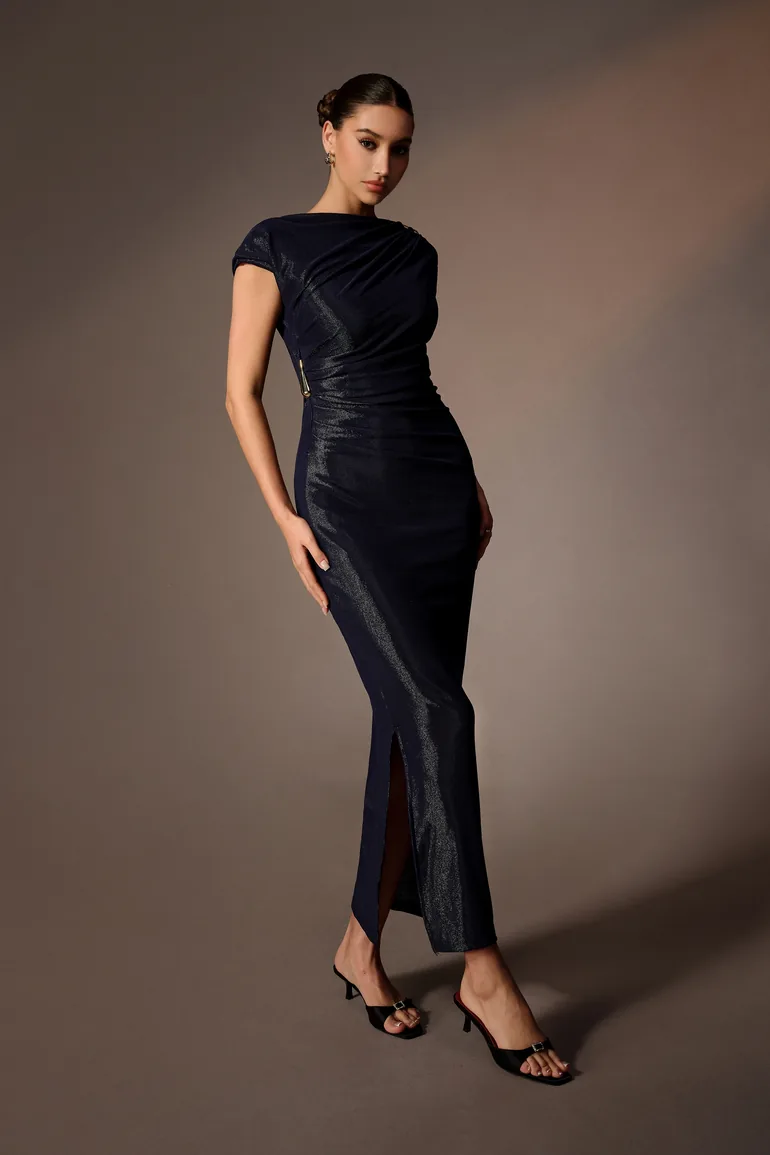 Stay Distinct Blue Asymmetric Neck Cap Sleeve Maxi Dress - 1