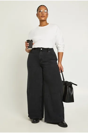 The Plus Mid Waist Wide Leg Jean - washed black