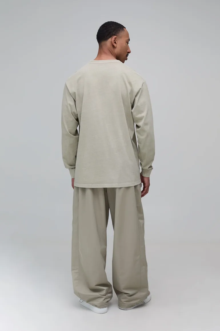 Oversized Boxy Man Sport Long Sleeve Washed T-Shirt - washed khaki - 2