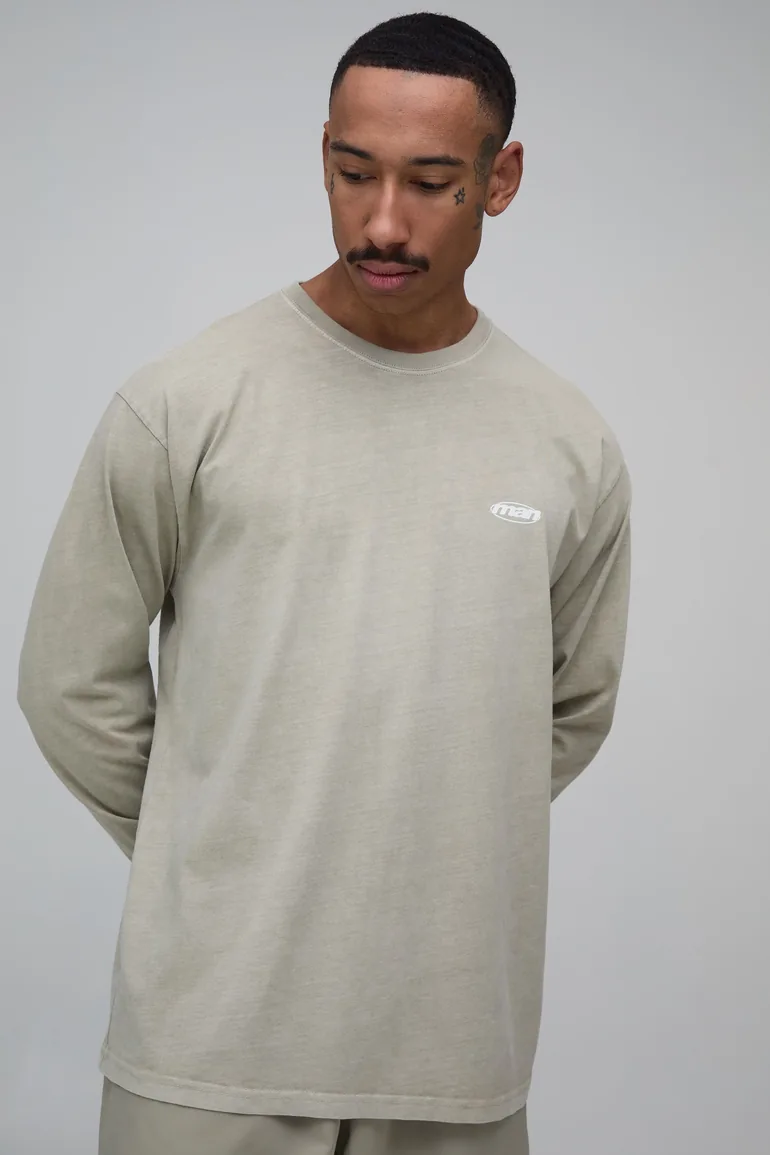 Oversized Boxy Man Sport Long Sleeve Washed T-Shirt - washed khaki