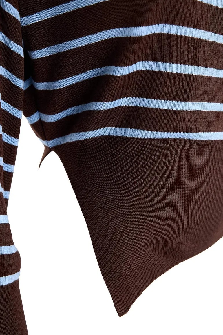 Brown*001 Mercerized Look Boat Neck Slit Detailed Knitwear Sweater - 5