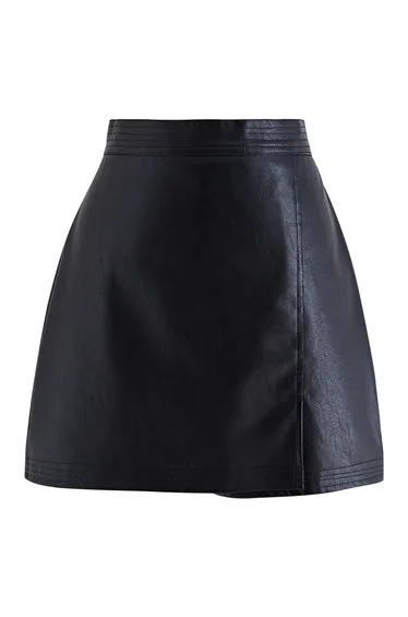 Nifty Faux Leather Flap Mini Bud Skirt in Black