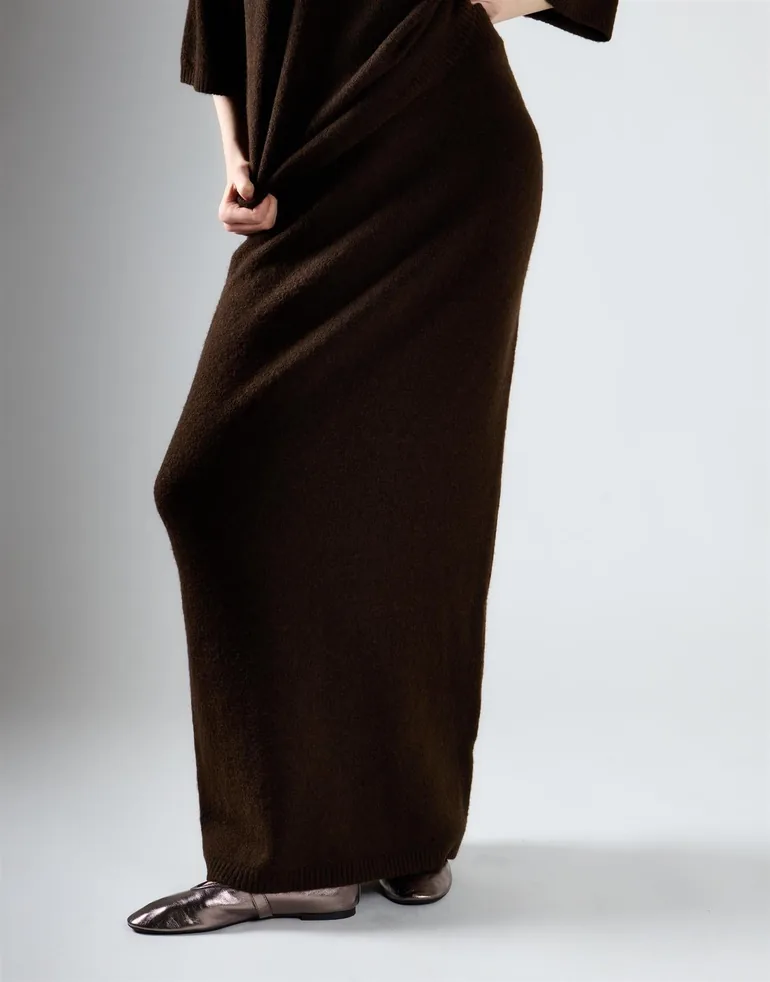 Khaki Brown Knitted Maxi Skirt - 3