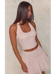 Petite Cream Button Detail Scoop Halterneck Chiffon Top - 1