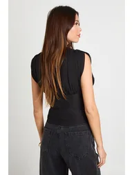 Pleated Chiffon Plunge Top - black - 2
