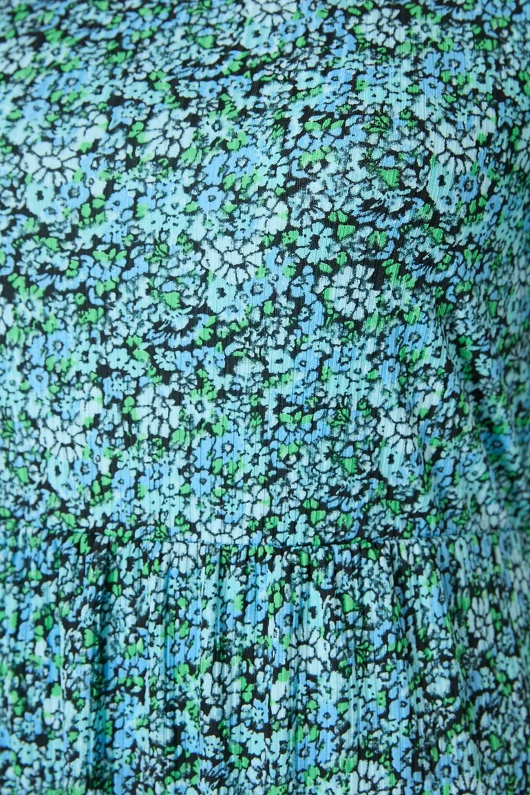 Blue Floral Pattern A-Line Maxi Length Knitted Plus Size Dress - 2