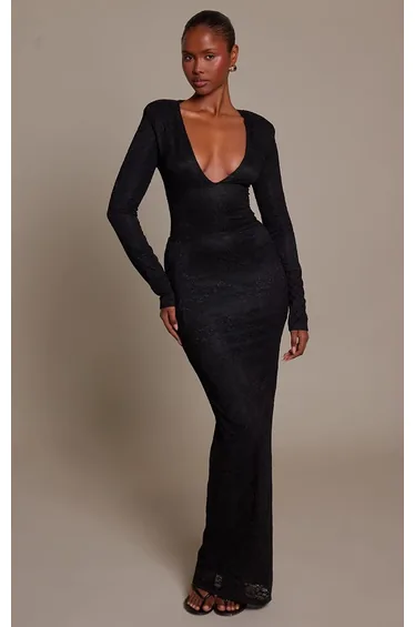 Black Lace Long Sleeve Shoulder Pad Plunge Maxi Dress