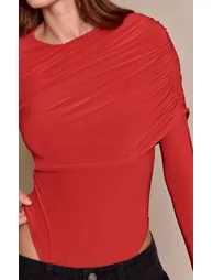 Red Double Layer Slinky Cape Detail Long Sleeve Bodysuit - 3