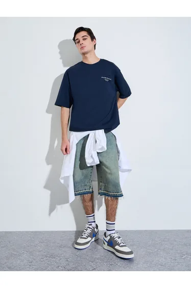 Navy Blue Graphic Print Oversized T-Shirt